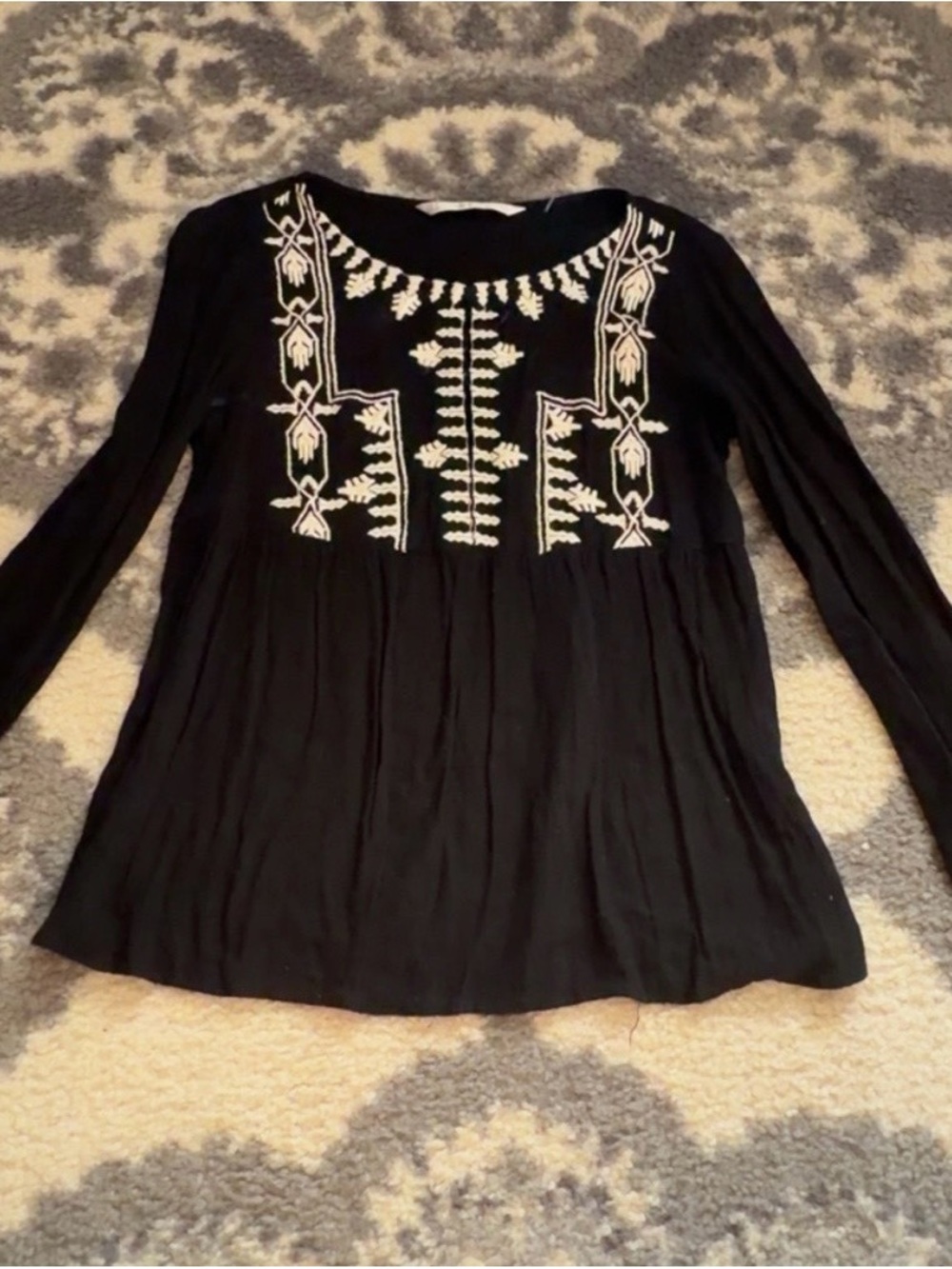 Zara Black Long-Sleeve Top with Cream Embroidered Front